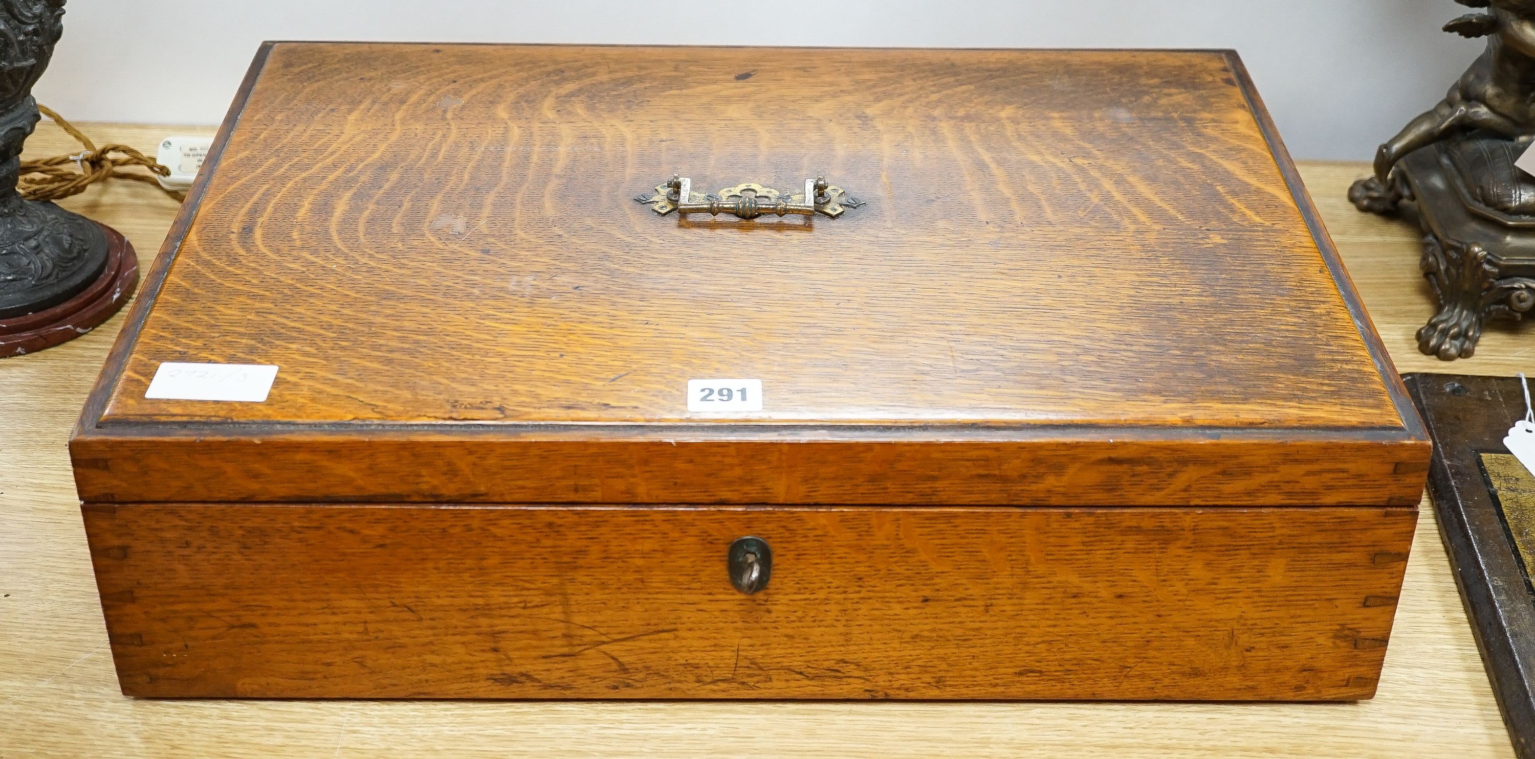 A large oak canteen box, early 20th century, locked and key doesn’t work, no contents. 57cm